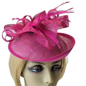 Magenta Purple Disc Fascinator with Upturned Brims Loops Bows and Feathers